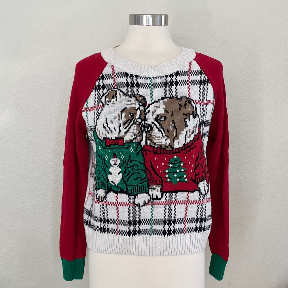 English Bulldog Christmas Sweater in Festive Cream and Red